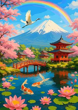 Japanese Landscape with Mount Fuji and Koi Pond