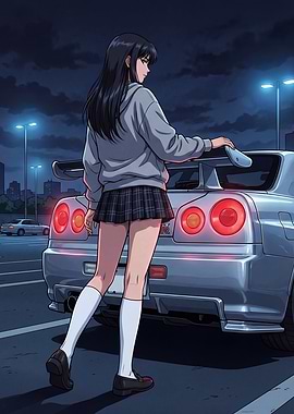 Anime Girl Gtr R34 Car at Night