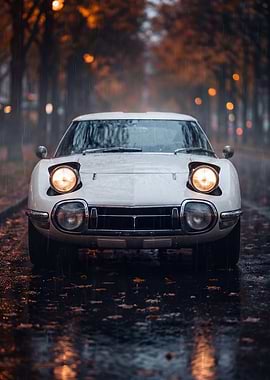 Classic White Toyota 2000GT in Rain