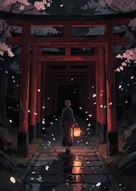 Person walking through torii gates with lantern