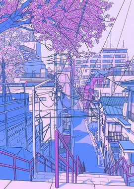 Anime Street with Cherry Blossoms