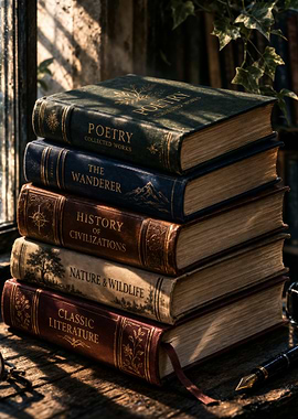 Stack of antique books by a window
