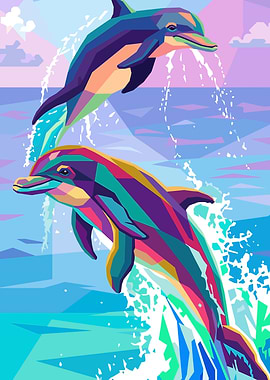 Colorful Dolphins Jumping in Ocean Waves