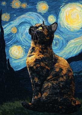 Tortoiseshell Cat in Starry Night