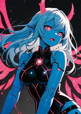 Blue Demon Girl with Pink Horns