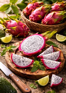 Dragon Fruit Slices and Whole Fruits