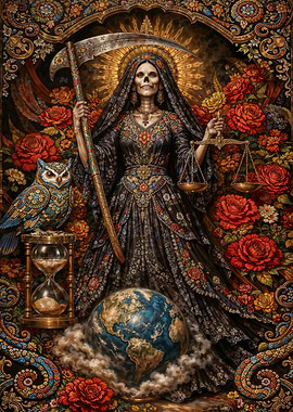 Black Robe Santa Muerte with Owl and Globe