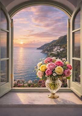 Window View of Positano at Sunset with Roses