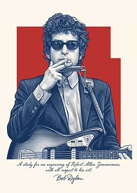Bob Dylan Engraving with Harmonica and Guitar
