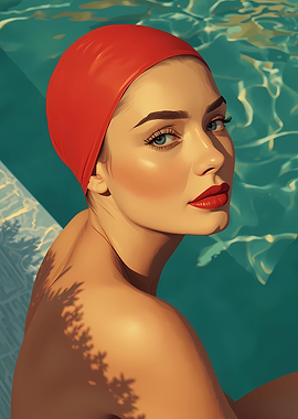 Woman in red swim cap by pool