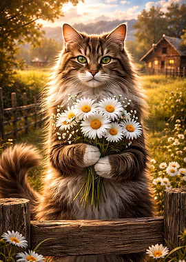 Fluffy Cat Holding Daisies