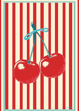 Cherries with Blue Ribbon on Striped Background