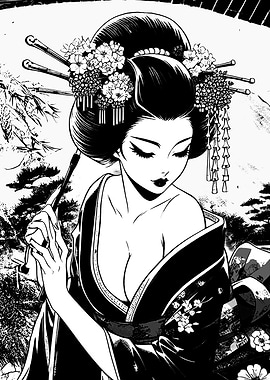 Geisha with Flowers and Parasol