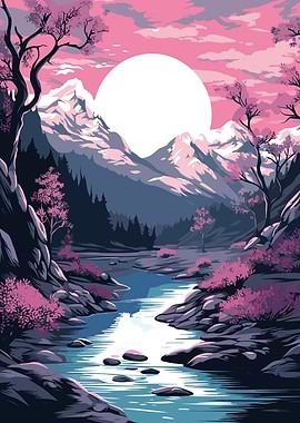 Serene Mountain River at Sunset