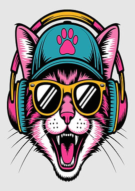 Cool Cat DJ with Headphones and Sunglasses