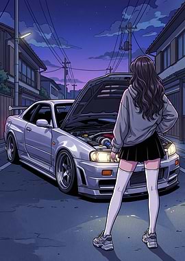 Anime Girl and Modified Car at Night