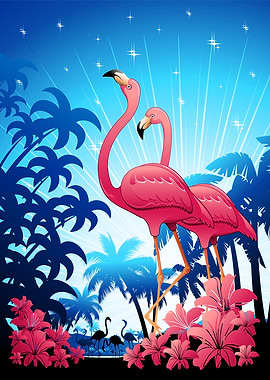 Pink Flamingos in Tropical Paradise