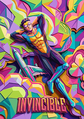 Invincible Poses with Airplane and Abstract Background