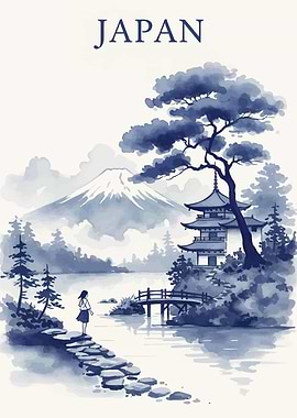 Japanese Landscape with Pagoda and Mount Fuji