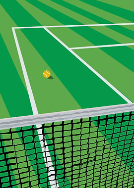 Tennis court with ball and net
