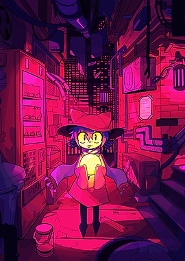 Niko holding a sun in a cyberpunk alley