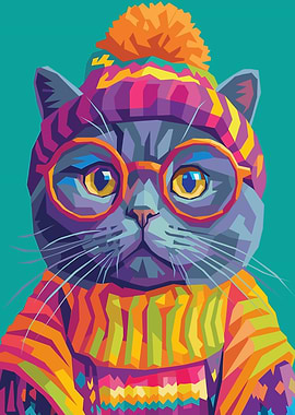 Pop Art Cat Wearing Hat and Glasses