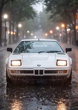 White BMW M1 in the rain