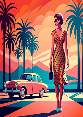 Retro Woman and Car in Palm Trees