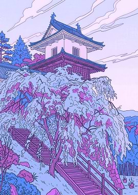 Japanese Castle and Cherry Blossoms