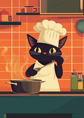 Chef Cat Cooking in Kitchen
