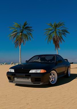 Black Nissan Skyline GT-R R32 on a Beach