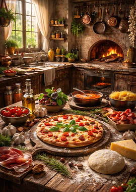 Rustic Italian Kitchen with Pizza