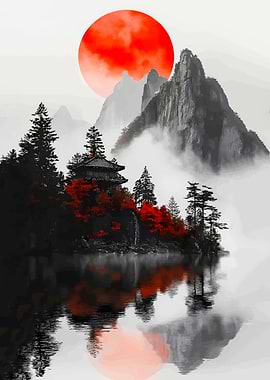 Japanese Pagoda Landscape with Red Sun