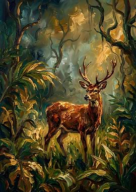Majestic Deer With Antlers In A Sunlit Forest Wildlife Painting
