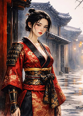 Samurai Woman in Red Kimono