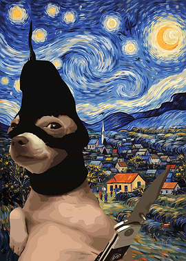 Chihuahua in ski mask with knife
