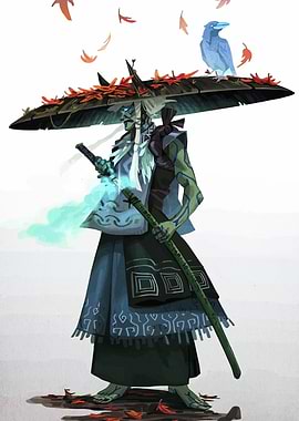 Samurai with Crow and Autumn Leaves