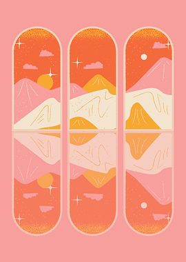Retro Sunset Mountain Landscape Triptych