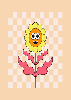 Happy Cartoon Flower with Checkerboard Background