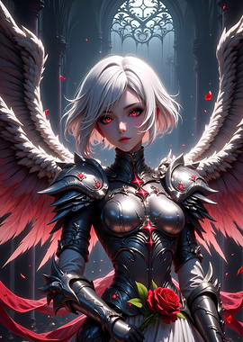 Anime Angel Warrior with Red Rose