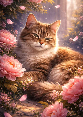 Fluffy Cat Among Pink Peonies
