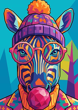 Stylized Zebra Wearing Hat and Glasses