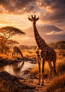Giraffes at Sunset in African Savannah
