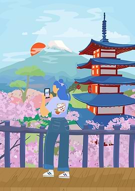 Woman taking photo of Mount Fuji and pagoda