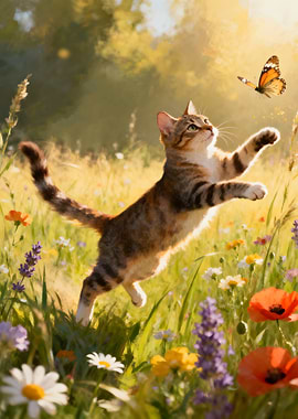 Cat Chasing Butterfly in Meadow