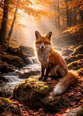 Fox in Autumn Forest Stream