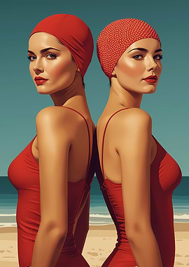 Two Women in Red Swimsuits