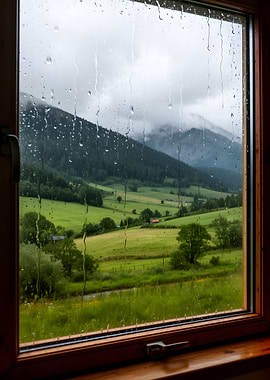 Rainy Window View of Green Valley