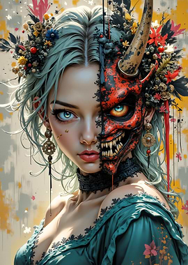 Dual-Faced Woman with Oni Mask and Flowers