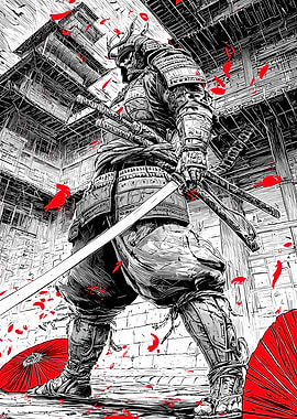 Samurai Warrior with Swords and Red Umbrellas
